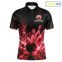 Load image into Gallery viewer, Red Flames Bowling Ball and Pins men's bowling polo shirt custom bowling team jersey, lightning bowling uniform