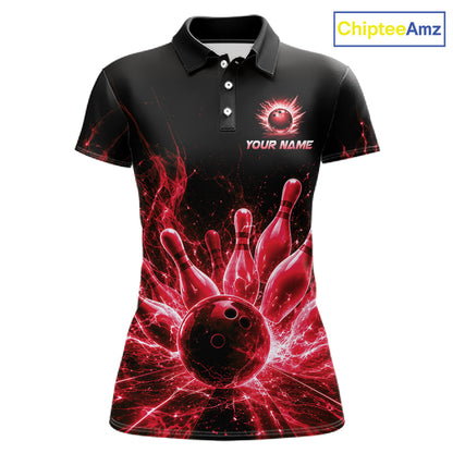 Red Flames Bowling Ball and Pins women's bowling polo shirt custom bowling team jersey, lightning bowling uniform