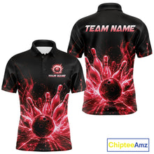 Load image into Gallery viewer, Red Flames Bowling Ball and Pins men's bowling polo shirt custom bowling team jersey, lightning bowling uniform