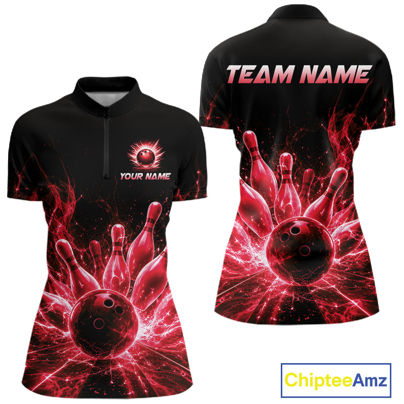 Red Flames Bowling Ball and Pins women's quarter zip bowling shirt custom bowling league apparel
