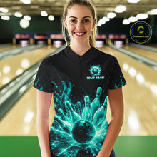 Load image into Gallery viewer, Female bowler wearing Teal Flames Bowling Ball and Pins bowling shirt during bowling league play