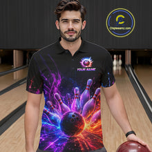 Load image into Gallery viewer, Male bowler wearing Colorful Flames Bowling Ball and Pins bowling jersey during tournament bowling event
