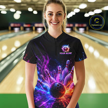 Load image into Gallery viewer, Female bowler wearing Colorful Flames Bowling Ball and Pins bowling jersey during tournament bowling event