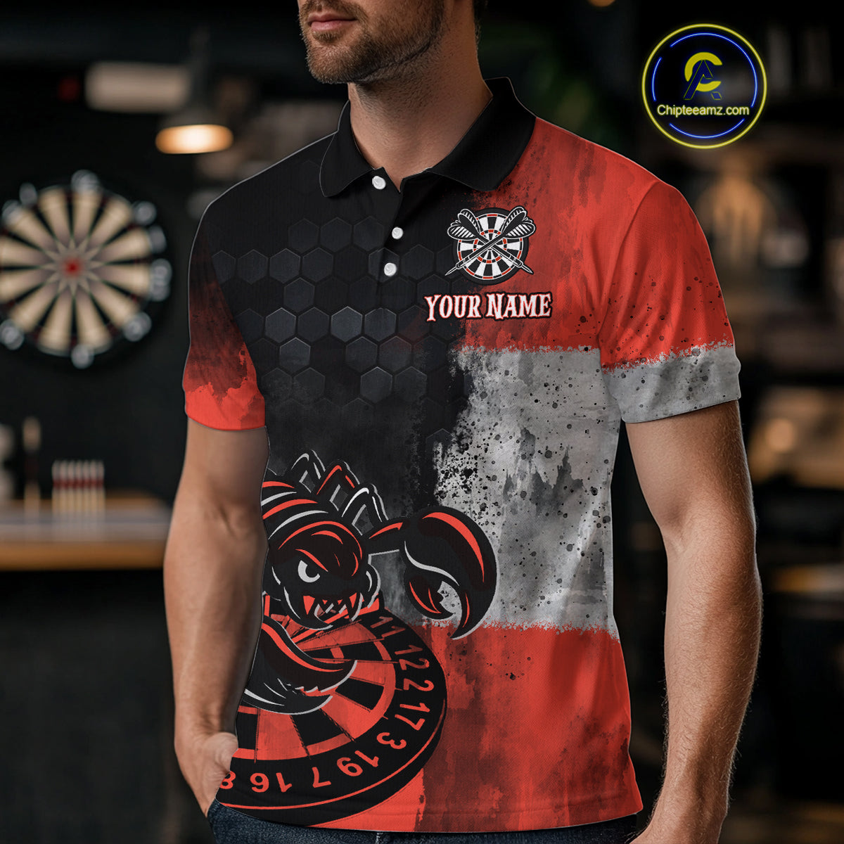 Custom Men's Darts Polo Jersey Scorpion Red & Dartboard 3D Design For Darts Team NYN0766