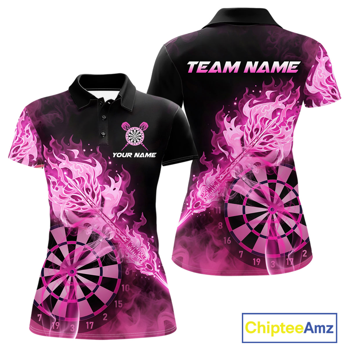Custom Smoke Pink Fire Flaming Dart Arrow Women Darts Polo League Shirts Dart Team Jerseys NYN2213
