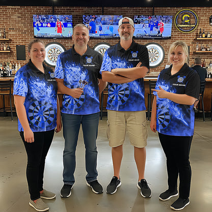 Custom Smoke Blue Fire Flaming Dart Arrow Men Darts Polo League Shirts Dart Team Jerseys NYN2215