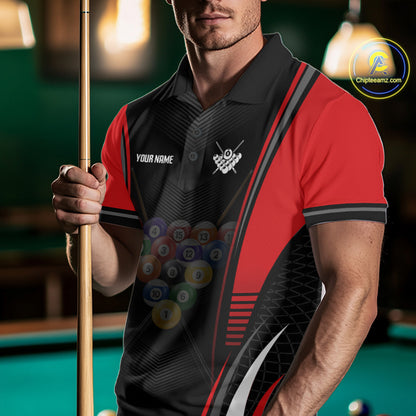Male billiards player modeling Black & Red custom pool jersey, professional cue sports fashion, victory mindset, leadership symbolism, tournament-ready athletic apparel.