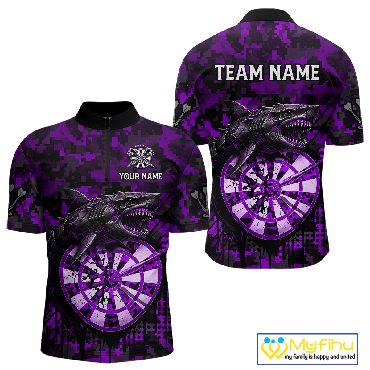Custom Purple Digital Camo Dartboard Horror Shark Darts Quarter-Zip Shirt For Men Dart Gifts NYN1967