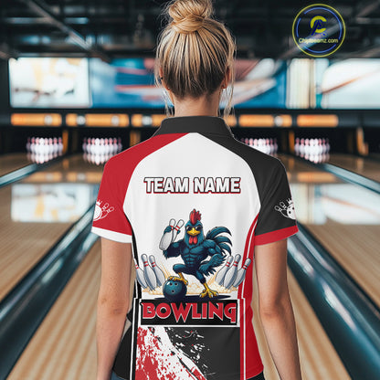 Personalized Funny Rooster Bowling Polo & 1/4-Zip Shirts For Women Splatter Bowling Team Jersey NYN2725