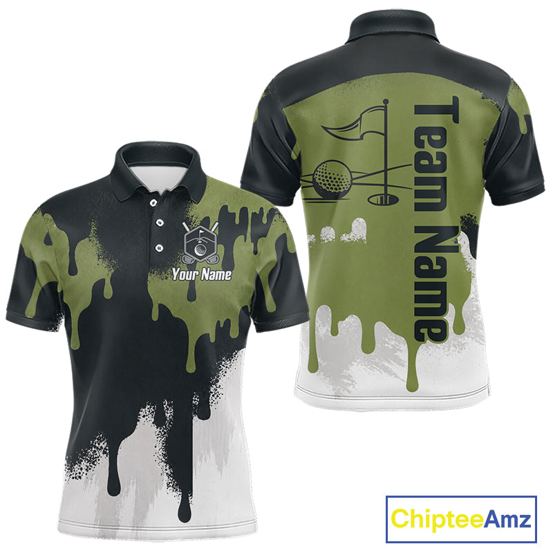White, Green And Gray Dripping Golf Polo Shirts For Men Personalized Team Name Golf Clothes NYN3251