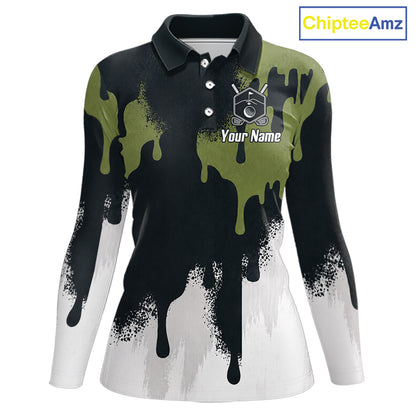 White, Green And Gray Dripping Golf Polo Shirts For Women Personalized Team Name Golf Clothes NYN3251