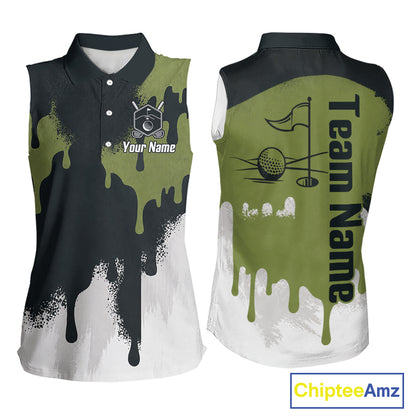 White, Green And Gray Dripping Golf Sleeveless Polo Shirts For Women Personalized Team Name Golf Clothes NYN3251