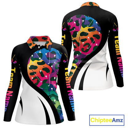Colorful Rainbow Leopard Women's Golf Polo Shirt mockup featuring vibrant rainbow leopard print, personalized women's golf apparel, custom golf team polo, breathable performance golf shirt, stylish golf tournament outfit, animal print golf clothing, golf club uniform, gift for women golfers.