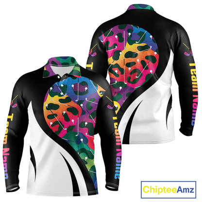 Colorful Rainbow Leopard Men's Golf Polo Shirt mockup with colorful leopard pattern, custom name golf polo, moisture-wicking performance golf shirt, personalized golf team jersey, stylish golf apparel, golf club outfit, animal print golf clothing, golf tournament gift.