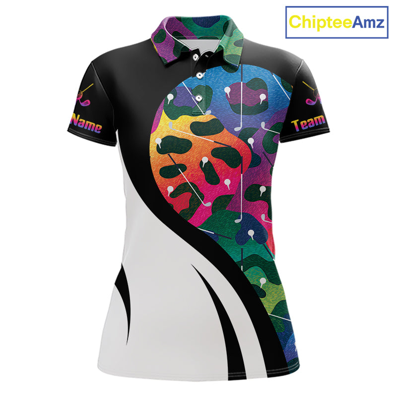 Colorful Rainbow Leopard Women's Golf Polo Shirt mockup featuring vibrant rainbow leopard print, personalized women's golf apparel, custom golf team polo, breathable performance golf shirt, stylish golf tournament outfit, animal print golf clothing, golf club uniform, gift for women golfers.