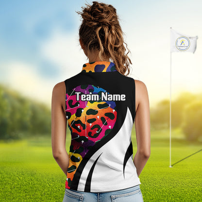 Women's model wearing oversized Colorful Rainbow Leopard Golf Polo Shirt, trendy golf apparel, colorful animal print sportswear, custom golf team clothing, golf lifestyle fashion, matching golf tournament outfit.