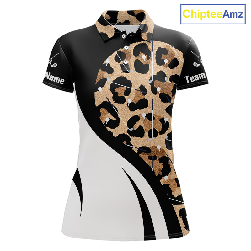 Brown Leopard Pattern Women's Golf Polo Shirt mockup featuring classic leopard print, personalized women's golf polo, custom golf team apparel, moisture-wicking performance golf shirt, safari-inspired golf clothing, golf outing outfit, stylish golf fashion for women.