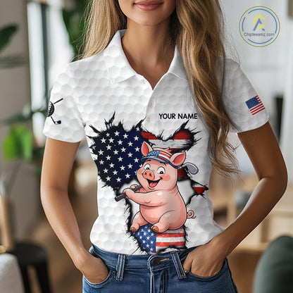 Women's model wearing Funny Pig Patriot Golf Polo Shirt, patriotic golf fashion, farm animal golf apparel, oversized golf clothing, matching golf team outfit.