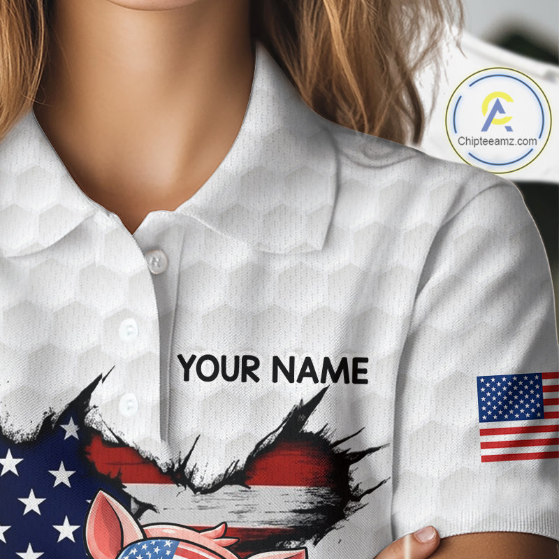 Women's model wearing Funny Pig Patriot Golf Polo Shirt, patriotic golf fashion, farm animal golf apparel, oversized golf clothing, matching golf team outfit.