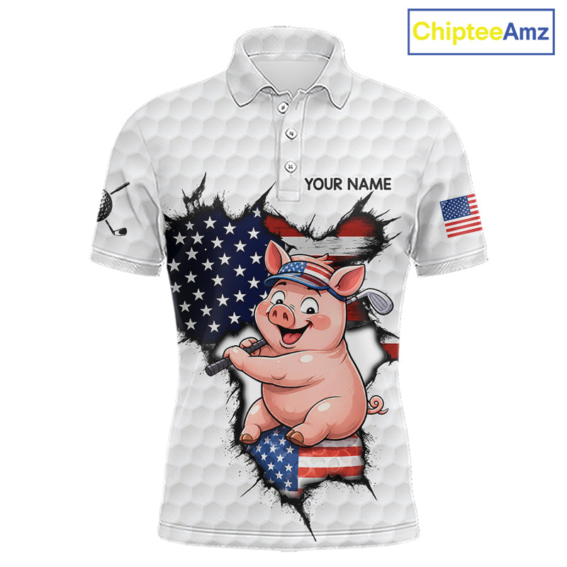 Funny Pig Patriot Men's Golf Polo Shirt mockup, personalized American flag golf shirt, pig mascot golf apparel, custom golf team polo, patriotic golf clothing, golf tournament jersey.