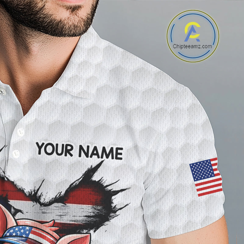 Men's model wearing Funny Pig Patriot Golf Polo Shirt, patriotic golf apparel, American flag golf fashion, custom golf clothing, personalized golf team outfit.