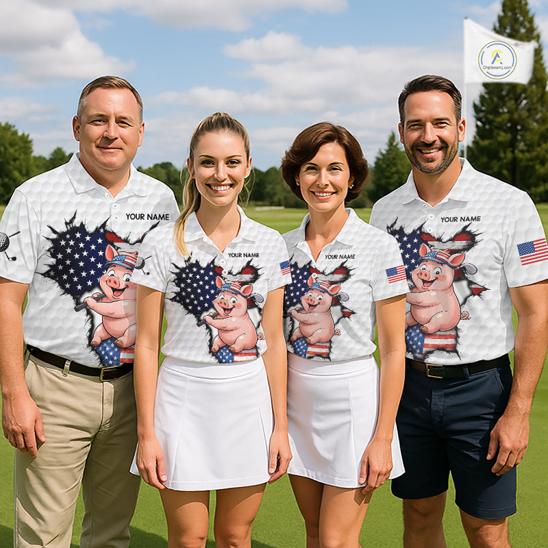 Golf team wearing Funny Pig Patriot Golf Polo Shirts, custom patriotic golf uniforms, American flag golf apparel, golf outing shirts, personalized team golf jerseys.