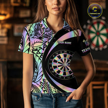 Load image into Gallery viewer, Black &amp; Holographic Rainbow Tribal Dartboard Darts Polo Shirt For Women Custom Dart Team Jerseys NYN2522