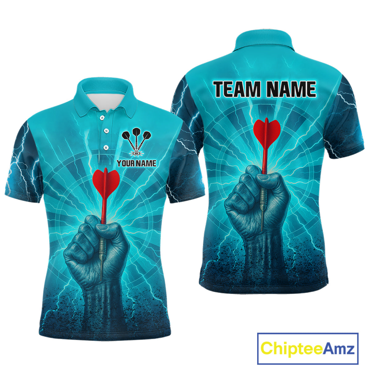 Men’s Custom Darts Shirt - Turquoise Lightning Fist With Maroon Dart Arrow NYN0316