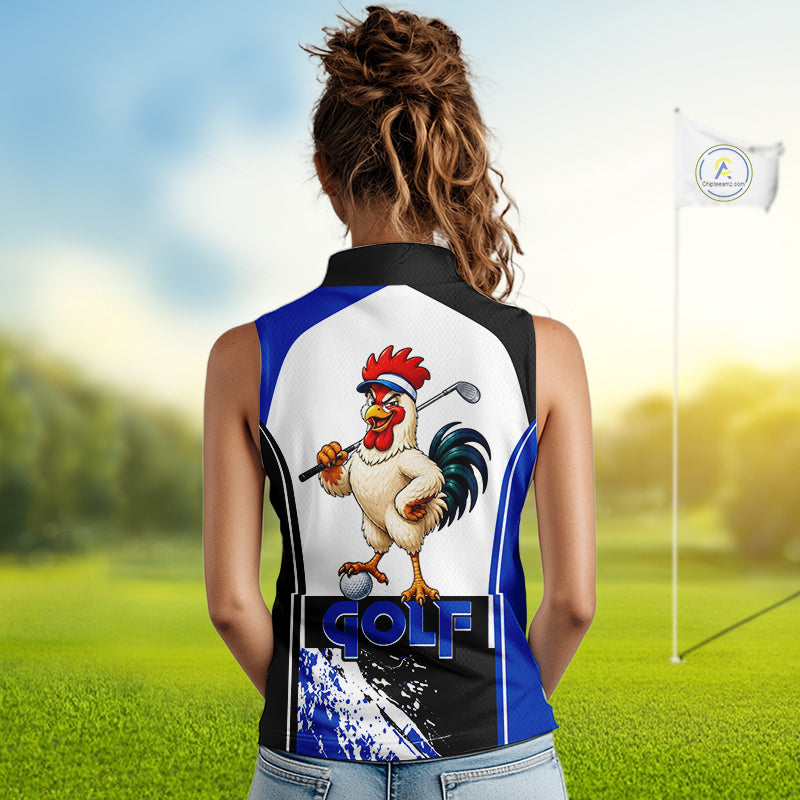 Women's model wearing Funny Rooster Golf Polo Shirt, farmhouse golf apparel, rooster mascot golf fashion, personalized golf clothing, country lifestyle sportswear, custom golf outfit.