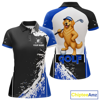 Funny Golden Retriever Women's Golf Polo Shirt mockup with blue splatter artwork, personalized golf polo, dog lover golf apparel, custom golf team clothing, breathable golf shirt, golf tournament uniform.