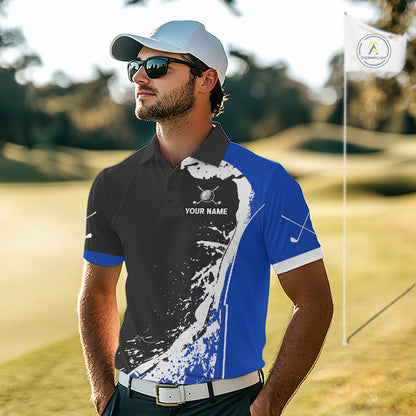 Men's model wearing Golden Retriever Golf Polo Shirt, personalized golf clothing, dog lover sportswear, custom golf outfit, performance golf apparel.