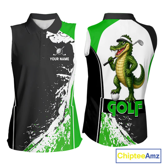Funny Alligator Golfer Women's Sleeveless Golf Polo mockup featuring green splatter alligator mascot, personalized golf apparel, custom golf team shirt, Florida golf clothing, wildlife golf fashion, performance sleeveless polo.