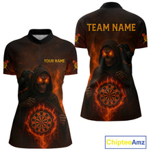 Load image into Gallery viewer, Custom Red Flames Raven Grim Reaper Dartboard Dart 1/4-Zip Shirt For Women Dart Outfit Jersey NYN1452