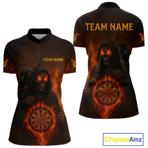 Custom Red Flames Raven Grim Reaper Dartboard Dart 1/4-Zip Shirt For Women Dart Outfit Jersey NYN1452