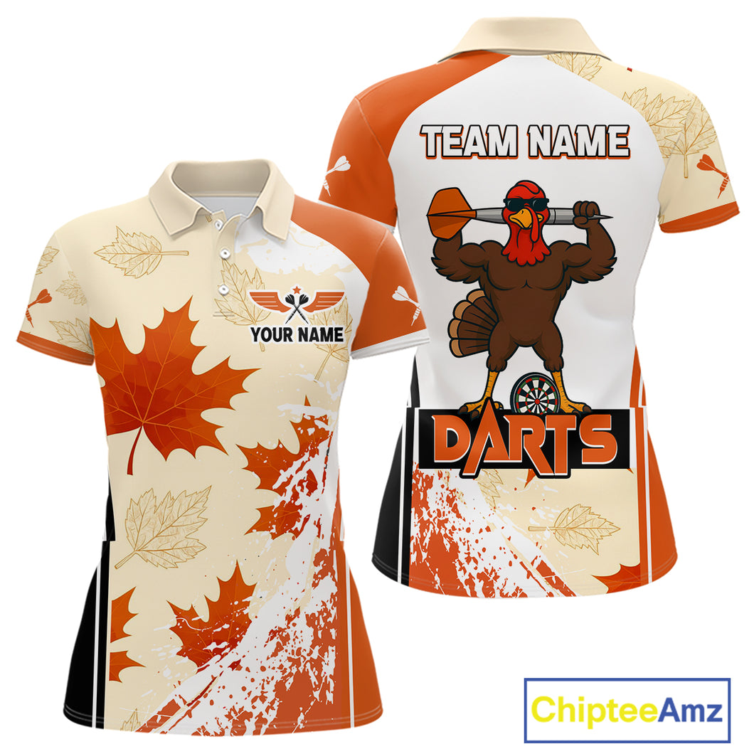 Custom Funny Turkey Autumn Leaves Dart Polo Shirt For Women Thanksgiving Dart Jersey NYN1458