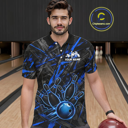 Black And Blue Strikes Grunge Bowling Polo & 1/4-Zip Shirt For Men Custom Thunder Bowling Team Jersey NYN3267