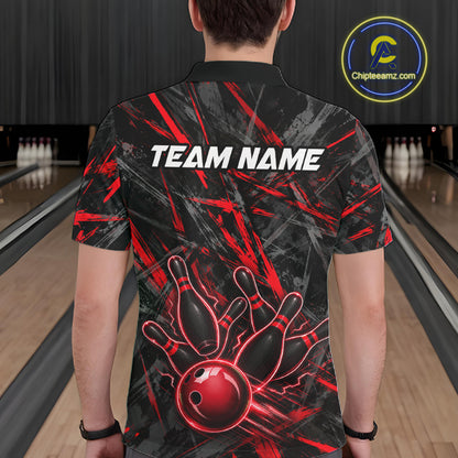 Black And Red Strikes Grunge Bowling Polo & 1/4-Zip Shirt For Men Custom Thunder Bowling Team Jersey NYN3268