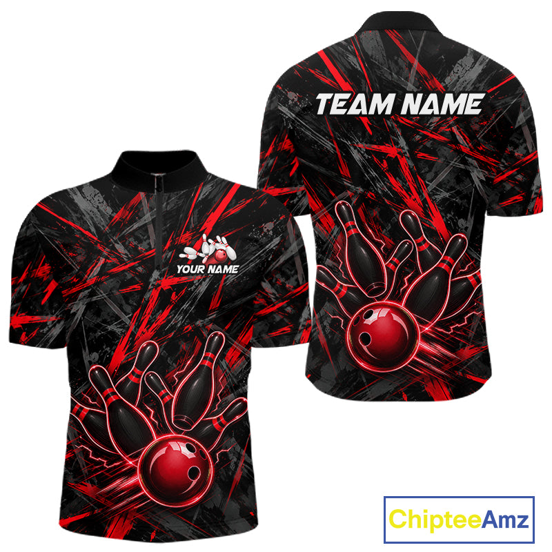 Black And Red Strikes Grunge Bowling Polo & 1/4-Zip Shirt For Men Custom Thunder Bowling Team Jersey NYN3268