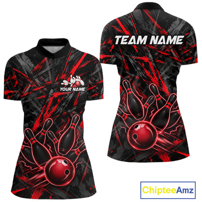 Black And Red Strikes Grunge Bowling Polo & 1/4-Zip Shirt For Women Custom Thunder Bowling Team Jersey NYN3268