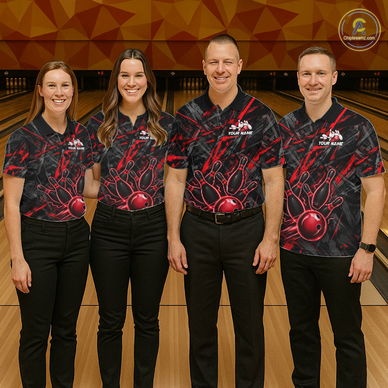 Black And Red Strikes Grunge Bowling Polo & 1/4-Zip Shirt For Women Custom Thunder Bowling Team Jersey NYN3268