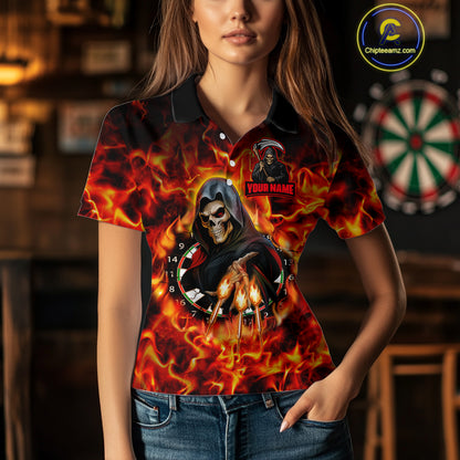 Grim Reaper Flaming Dartboard & Arrows Darts Shirt For Women - Custom Name & Team Jersey NYN0585