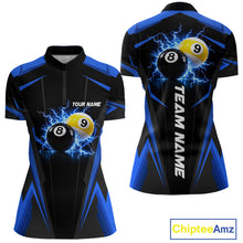 Load image into Gallery viewer, Custom 8 Ball &amp; 9 Ball women billiard quarter zip shirt, thunder pool team jersey, personalized billiards apparel, league tournament uniform