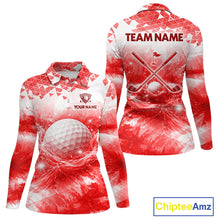 Load image into Gallery viewer, Red women's golf polo shirt with water splash golf ball design, custom golf team shirt, ladies golf apparel, tournament golf clothing