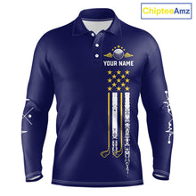Load image into Gallery viewer, Men's grunge US flag golf long sleeves polo shirt, yellow and blue patriotic golf apparel, golf team uniform, American flag golf shirt