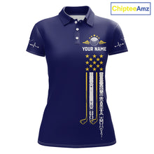 Load image into Gallery viewer, Women's grunge US flag golf polo shirt, yellow and blue patriotic golf apparel, golf team uniform, American flag golf shirt