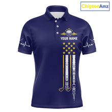 Load image into Gallery viewer, Men's grunge US flag golf polo shirt, yellow and blue patriotic golf apparel, golf team uniform, American flag golf shirt