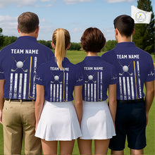 Load image into Gallery viewer, Men women golf team wearing matching grunge US flag golf polo shirts, patriotic golf uniforms, golf league apparel