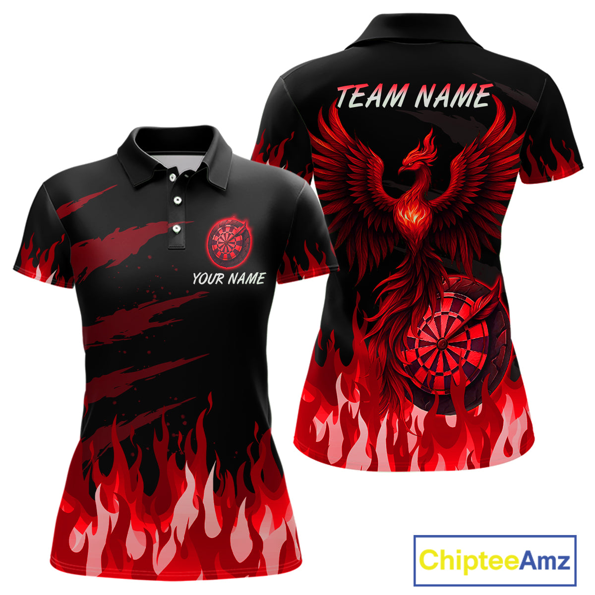 Women's Custom Darts Team Shirt With Maroon Phoenix Dartboard And Flame Pattern NYN0342