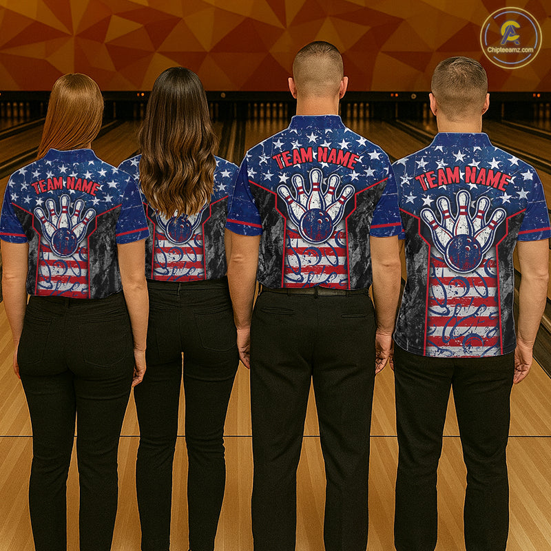 Grunge American Flag Bowling Polo & 1/4 Zip Shirts For Women Custom Patriotic Team Bowling Jerseys NYN3128