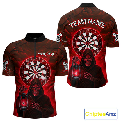 Red Neon Grim Reaper Lightning Skull Darts League Shirt Custom Skull Men 1/4-Zip Darts Jersey NYN2037